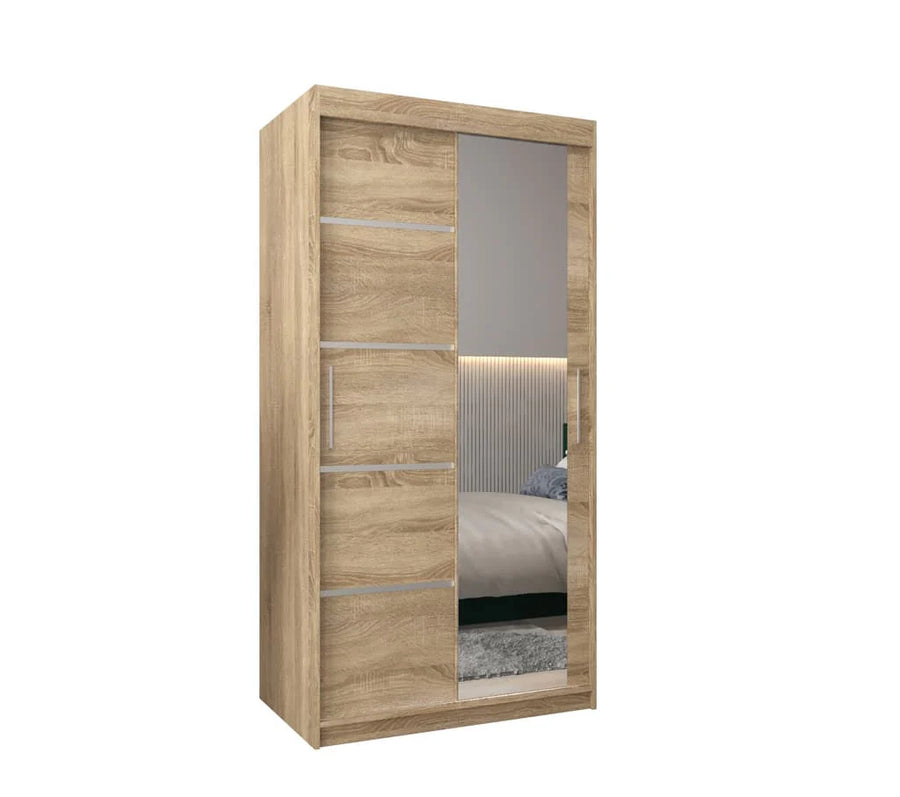 Verona 02 Contemporary 2 Mirrored Sliding Door Wardrobe 5 Shelves 2 Rails Oak Sonoma Effect 100cm