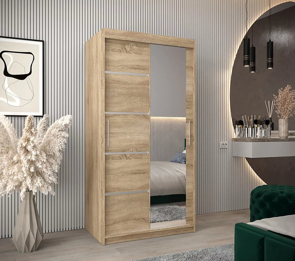 Verona 02 Contemporary 2 Mirrored Sliding Door Wardrobe 5 Shelves 2 Rails Oak Sonoma Effect 100cm