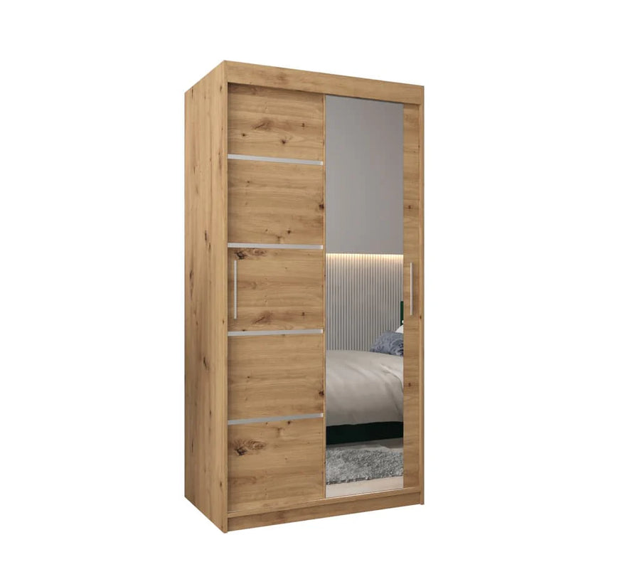 Verona 02 Contemporary 2 Mirrored Sliding Door Wardrobe 5 Shelves 2 Rails Oak Artisan Effect 100cm