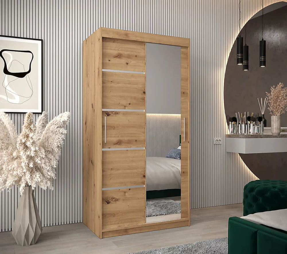 Verona 02 Contemporary 2 Mirrored Sliding Door Wardrobe 5 Shelves 2 Rails Oak Artisan Effect 100cm