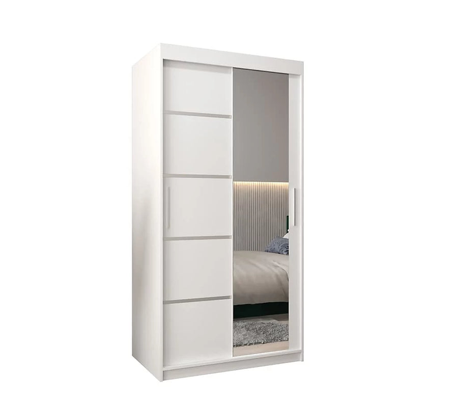 Verona 02 Contemporary 2 Mirrored Sliding Door Wardrobe 5 Shelves 2 Rails White Matt 100cm