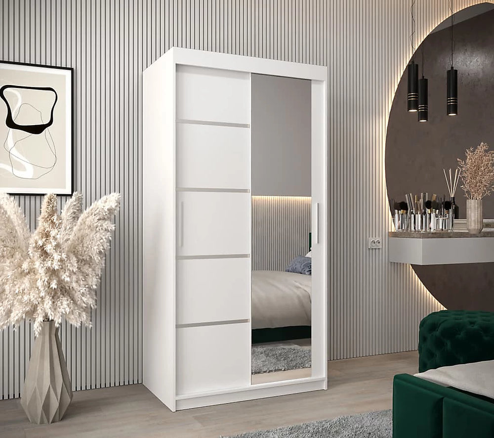 Verona 02 Contemporary 2 Mirrored Sliding Door Wardrobe 5 Shelves 2 Rails White Matt 100cm