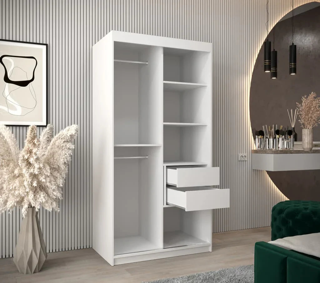 Verona 04 Contemporary 2 Mirrored Sliding Door Wardrobe 5 Shelves 2 Rails White Matt 100cm