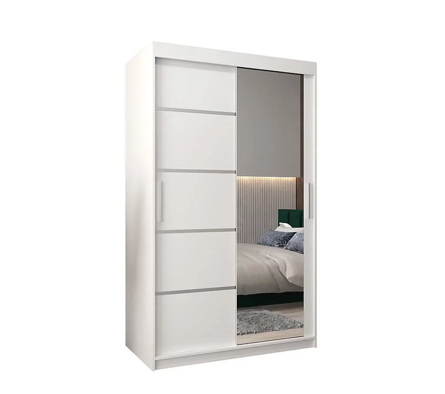 Verona 02 Contemporary 2 Mirrored Sliding Door Wardrobe 5 Shelves 2 Rails White Matt 120cm