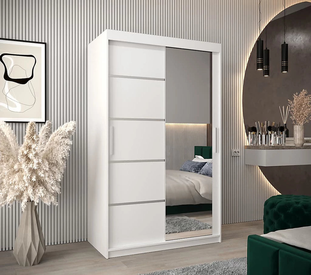 Verona 02 Contemporary 2 Mirrored Sliding Door Wardrobe 5 Shelves 2 Rails White Matt 120cm