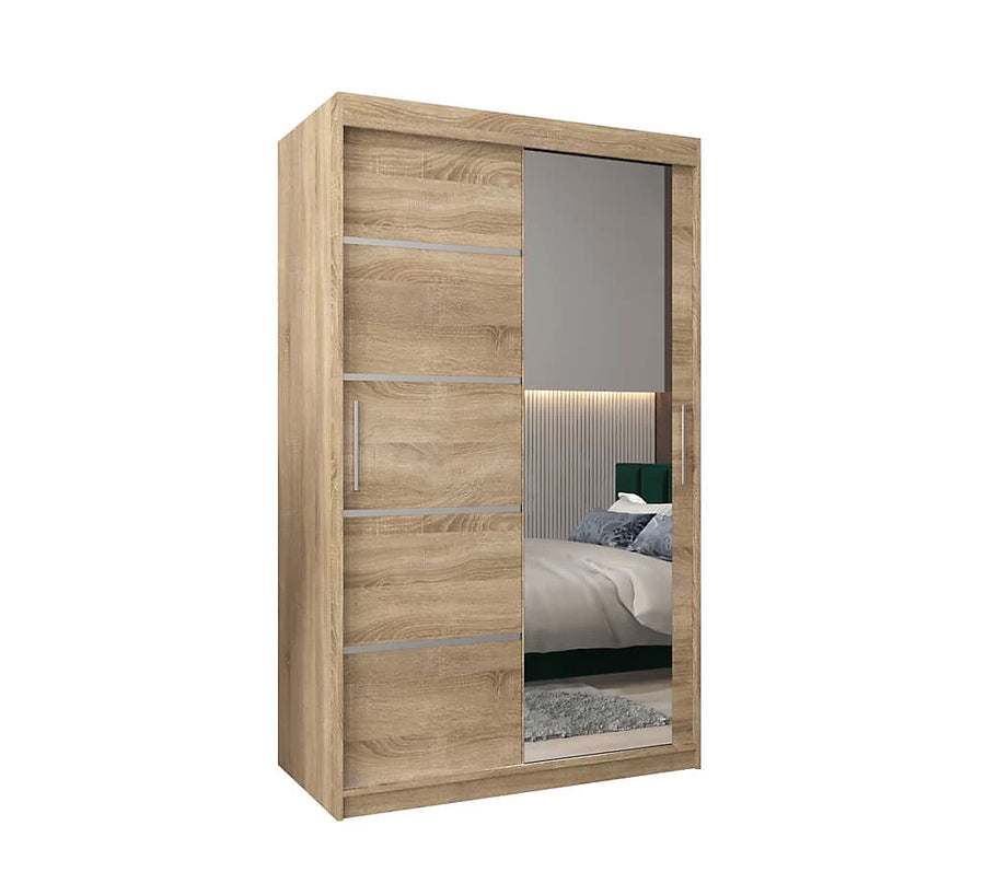 Verona 02 Contemporary 2 Mirrored Sliding Door Wardrobe 5 Shelves 2 Rails Oak Sonoma Effect 120cm