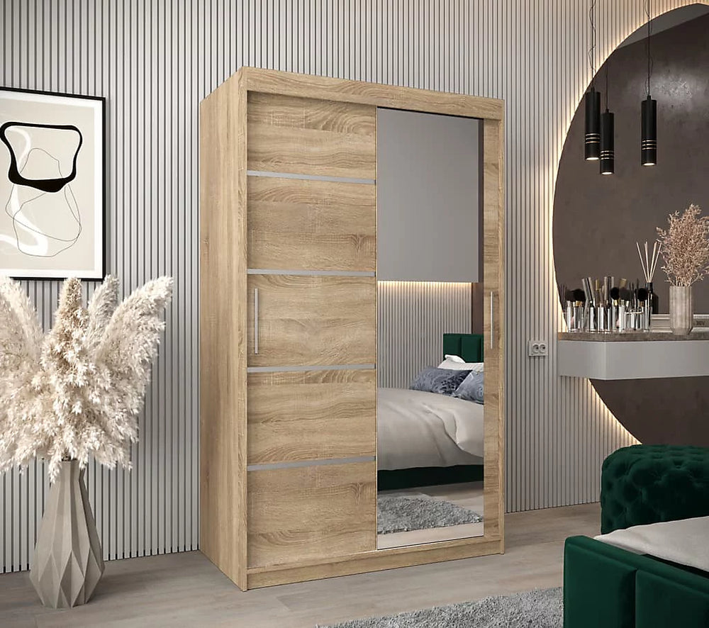 Verona 02 Contemporary 2 Mirrored Sliding Door Wardrobe 5 Shelves 2 Rails Oak Sonoma Effect 120cm