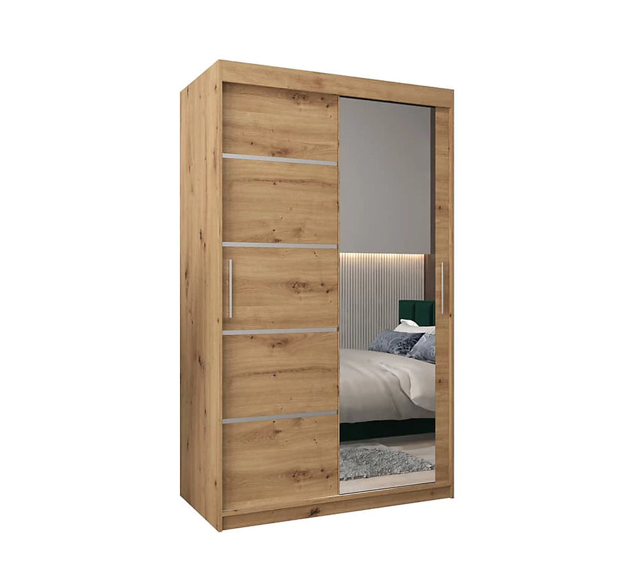 Verona 02 Contemporary 2 Mirrored Sliding Door Wardrobe 5 Shelves 2 Rails Oak Artisan Effect 120cm