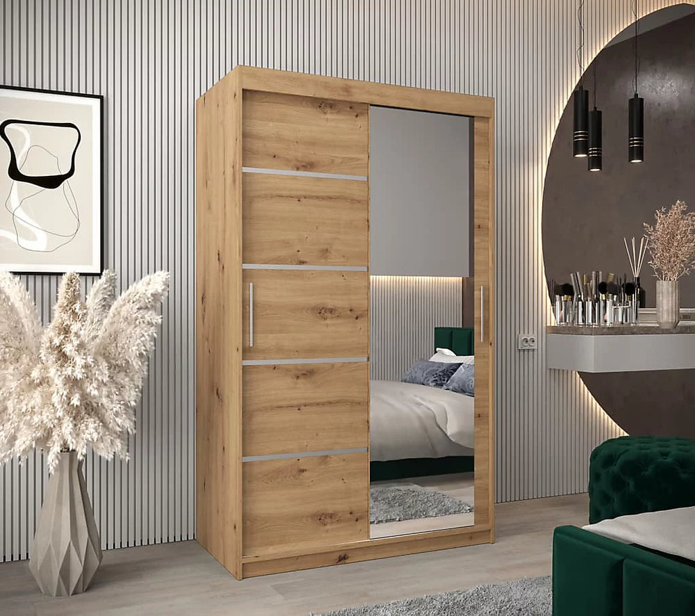 Verona 02 Contemporary 2 Mirrored Sliding Door Wardrobe 5 Shelves 2 Rails Oak Artisan Effect 120cm