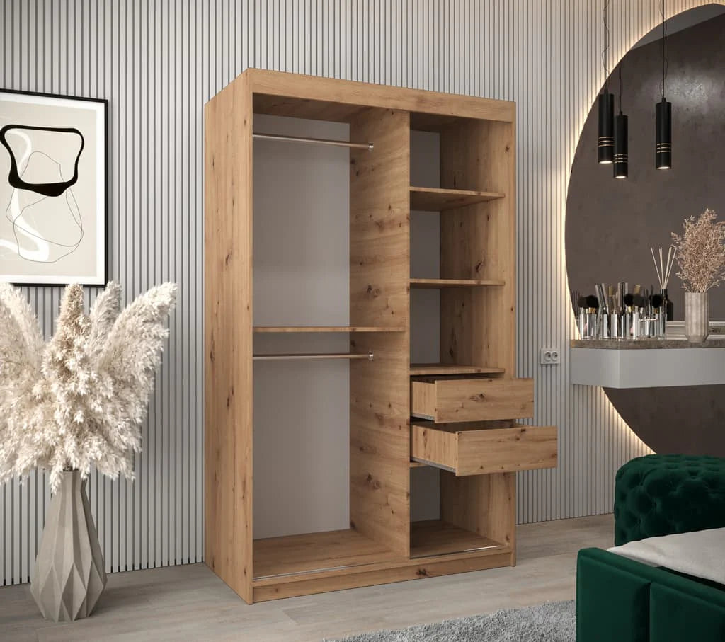 Verona 02 Contemporary 2 Mirrored Sliding Door Wardrobe 5 Shelves 2 Rails Oak Artisan Effect 120cm