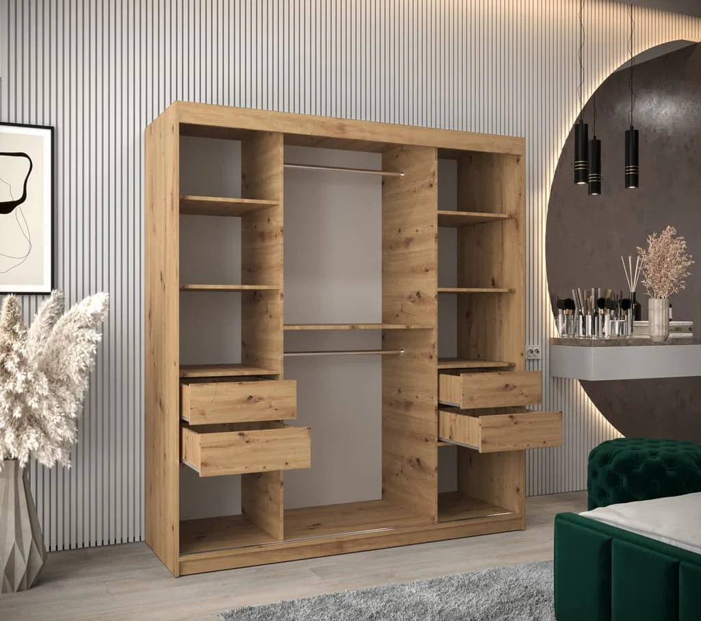 Verona 02 Contemporary 2 Mirrored Sliding Door Wardrobe 9 Shelves 2 Rails Oak Artisan Effect