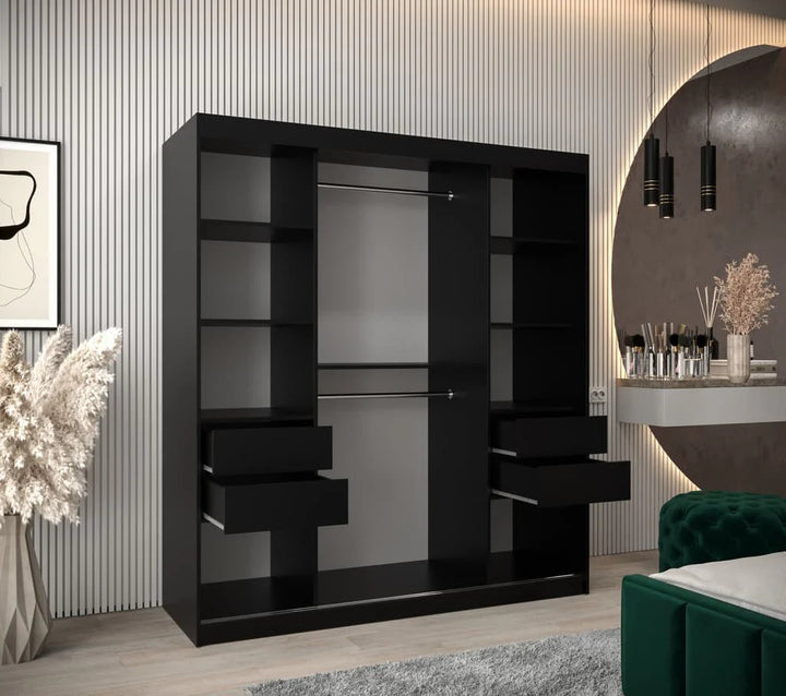 Verona 02 Contemporary 2 Mirrored Sliding Door Wardrobe 9 Shelves 2 Rails Black Matt
