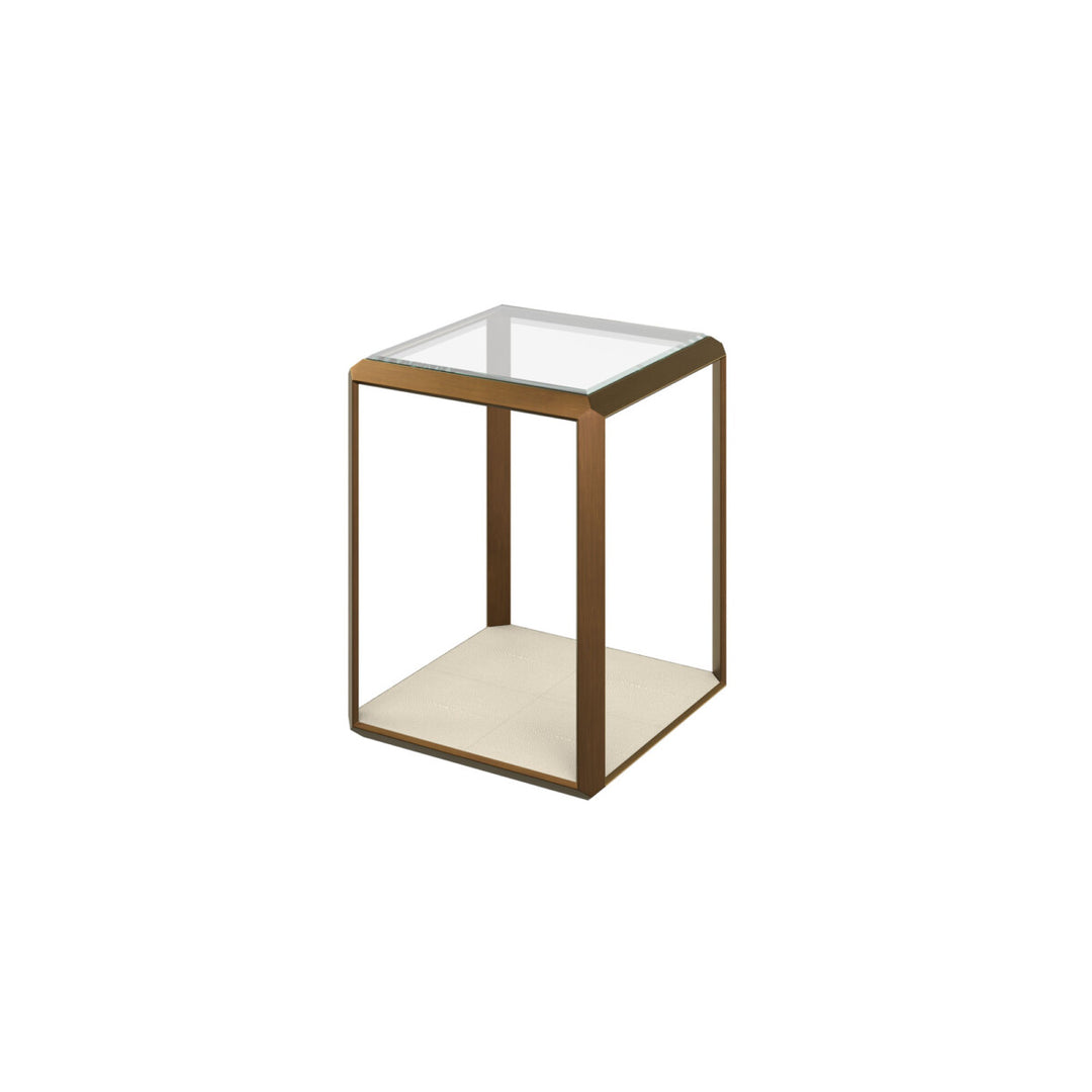 Small side table with glass top and bronze frame on a white background