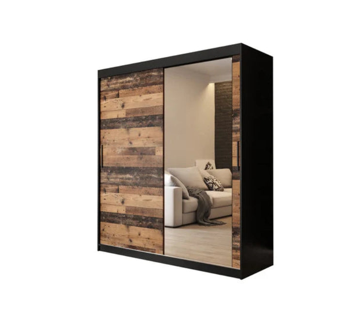 Tilburg 2 Contemporary 2 Mirrored Sliding Door Wardrobe 9 Shelves 2 Rails Dark Oak Effect & Black