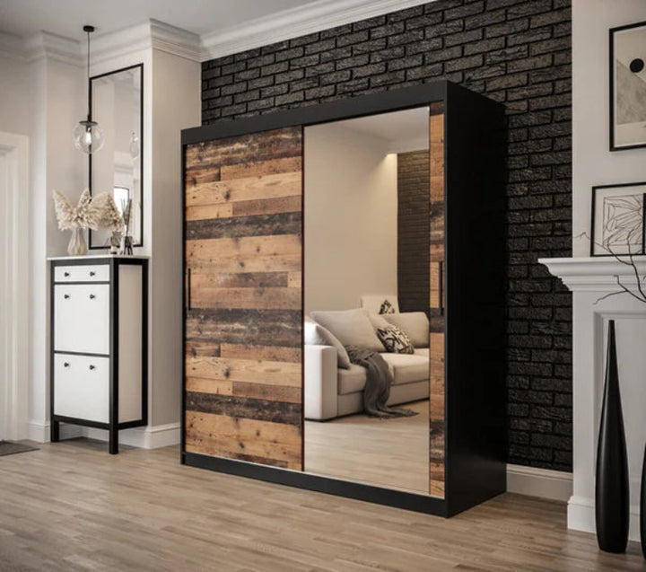 Tilburg 2 Contemporary 2 Mirrored Sliding Door Wardrobe 9 Shelves 2 Rails Dark Oak Effect & Black