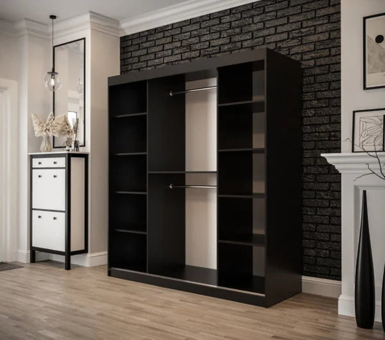 Tilburg 2 Contemporary 2 Mirrored Sliding Door Wardrobe 9 Shelves 2 Rails Dark Oak Effect & Black