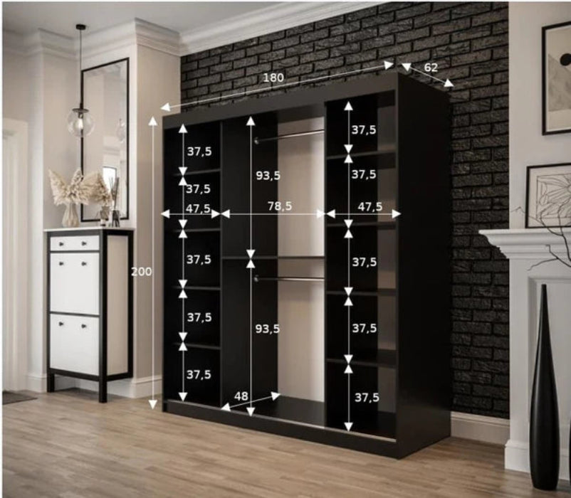 Tilburg 2 Contemporary 2 Mirrored Sliding Door Wardrobe 9 Shelves 2 Rails Dark Oak Effect & Black