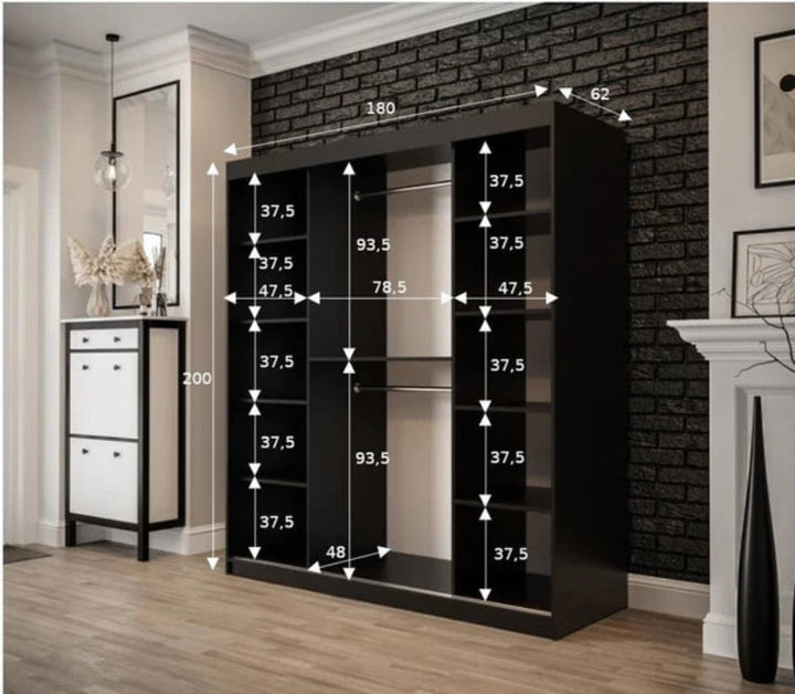 Tilburg 2 Contemporary 2 Mirrored Sliding Door Wardrobe 9 Shelves 2 Rails Dark Oak Effect & Black