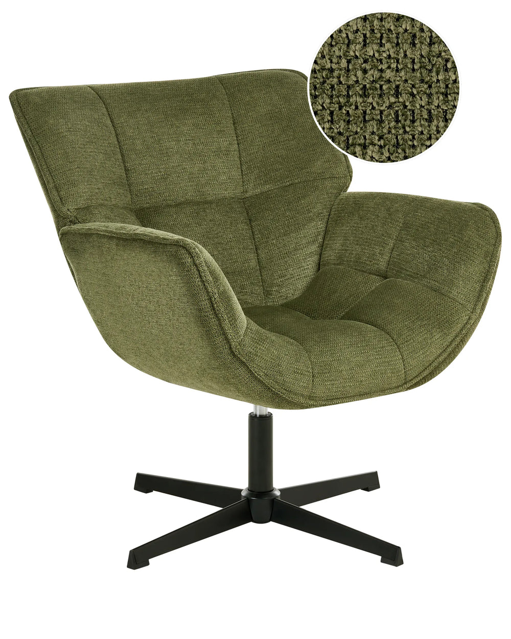 Green upholstered chair with a close-up of the fabric texture on a white background