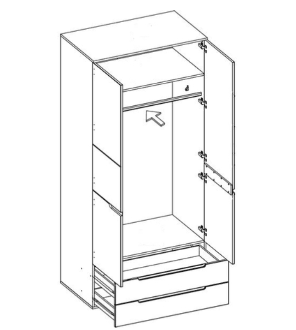 Line drawing of a tall cabinet with a door and drawer on a white background