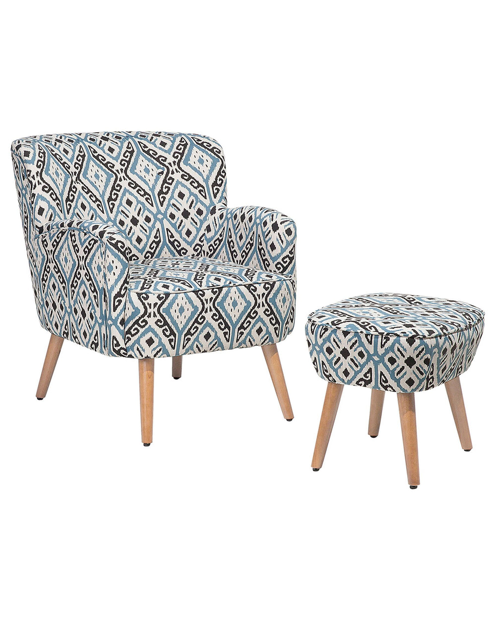 Patterned armchair and ottoman set on a white background