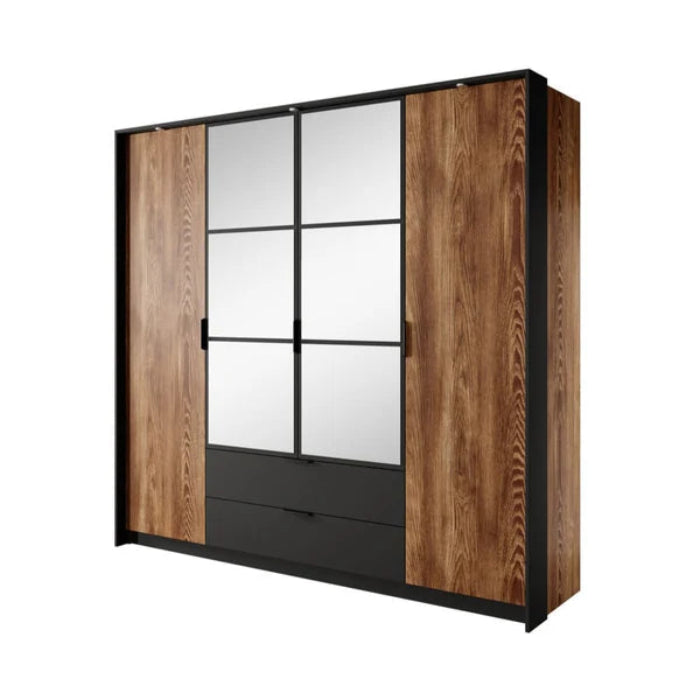 Milton Contemporary 4 Mirrored Hinged Door Wardrobe 9 Shelves 2 Drawers 1 Rail Chestnut Wood Effect