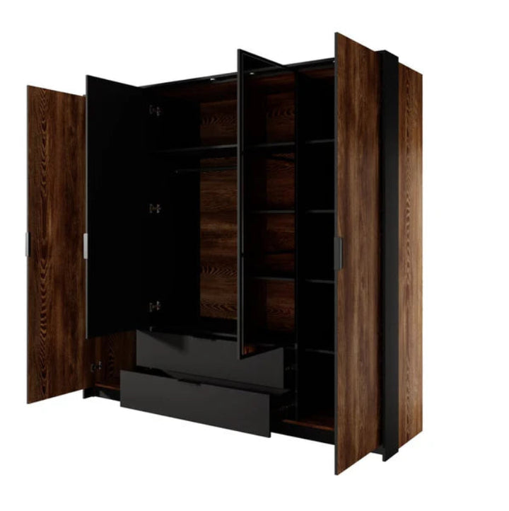 Milton Contemporary 4 Mirrored Hinged Door Wardrobe 9 Shelves 2 Drawers 1 Rail Chestnut Wood Effect