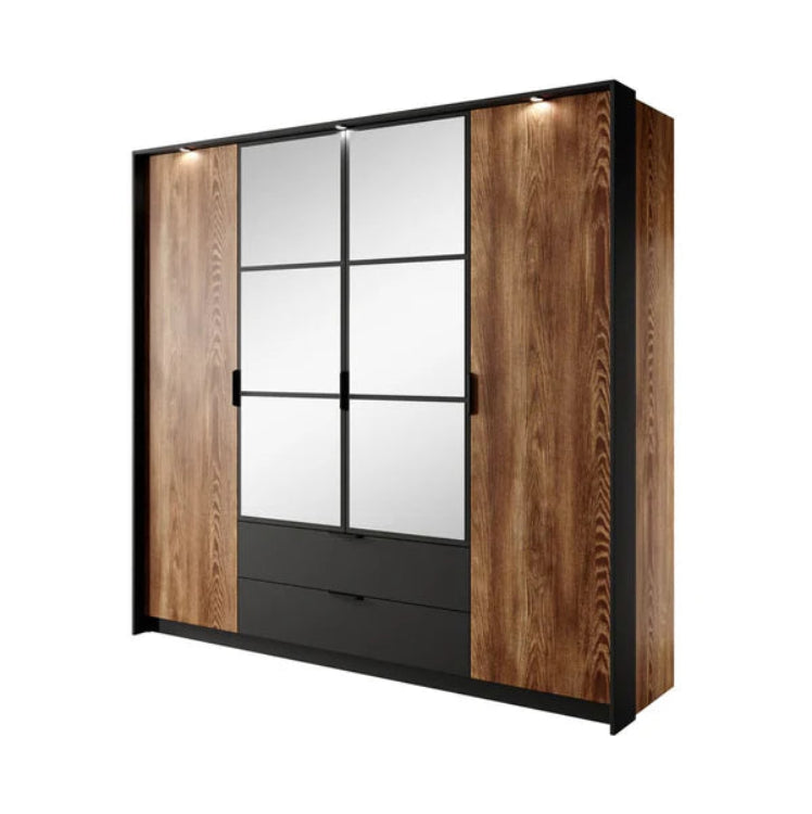 Milton Contemporary 4 Mirrored Hinged Door Wardrobe 9 Shelves 2 Drawers 1 Rail Chestnut Wood Effect