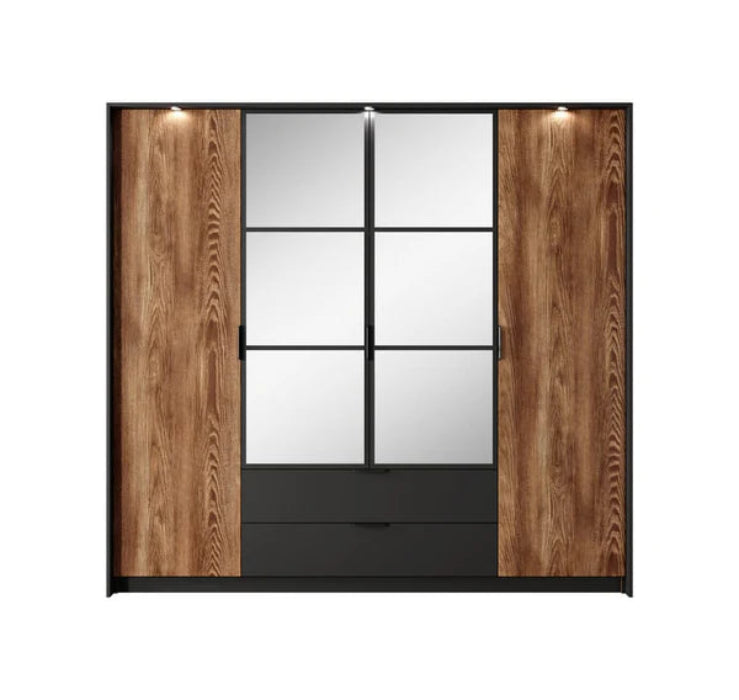 Milton Contemporary 4 Mirrored Hinged Door Wardrobe 9 Shelves 2 Drawers 1 Rail Chestnut Wood Effect