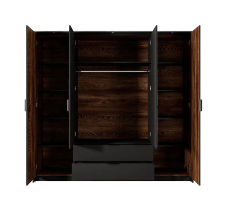 Milton Contemporary 4 Mirrored Hinged Door Wardrobe 9 Shelves 2 Drawers 1 Rail Chestnut Wood Effect