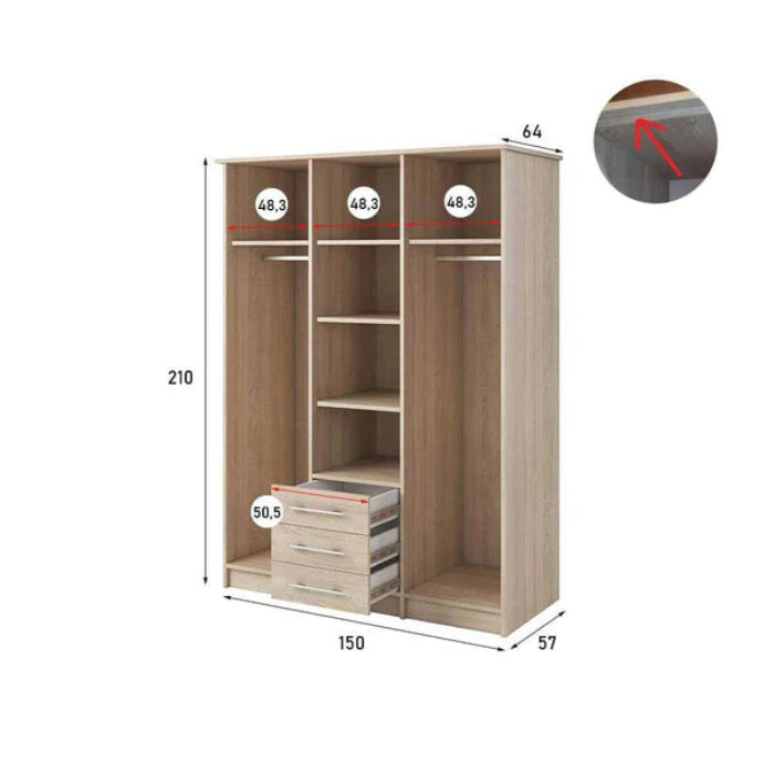 Alex Elegant Hinged Door Wardrobe - Timeless Sonoma Oak Finish