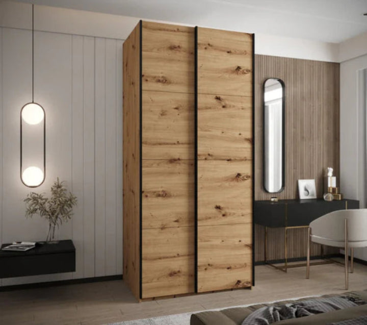 Modern Trosa I Oak Artisan Sliding Door Wardrobe with Black Steel Handles