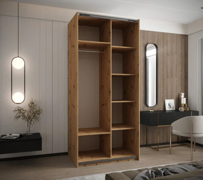 Modern Trosa I Oak Artisan Sliding Door Wardrobe with Black Steel Handles