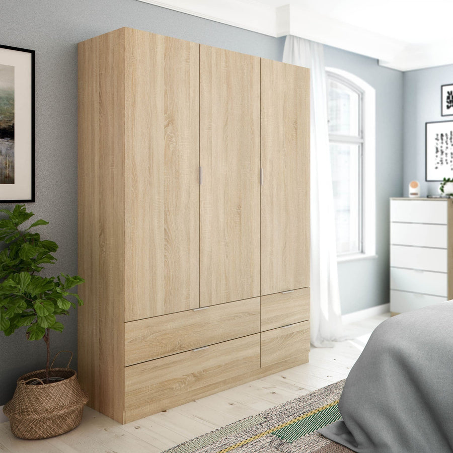 Wooden wardrobe in a bedroom with a plant and bed visible