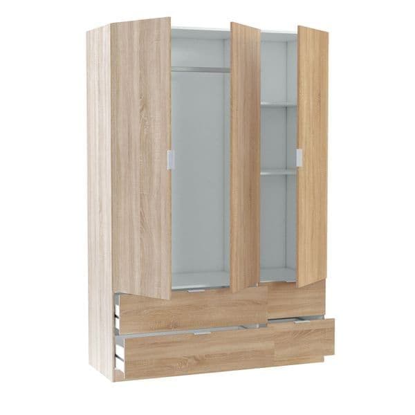 Wooden wardrobe with glass panels on a white background