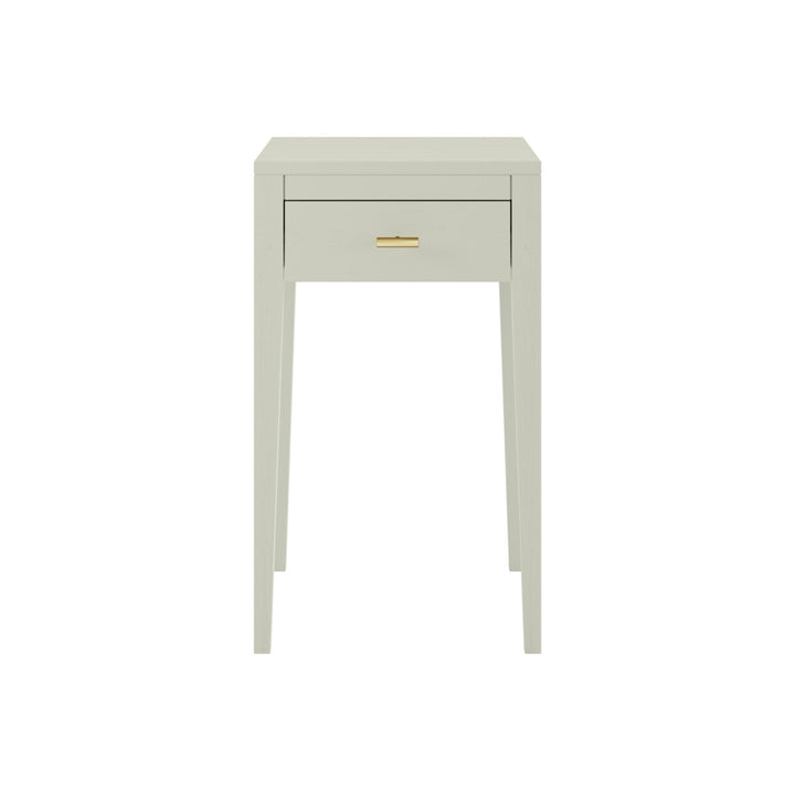 Small green side table with a drawer on a white background