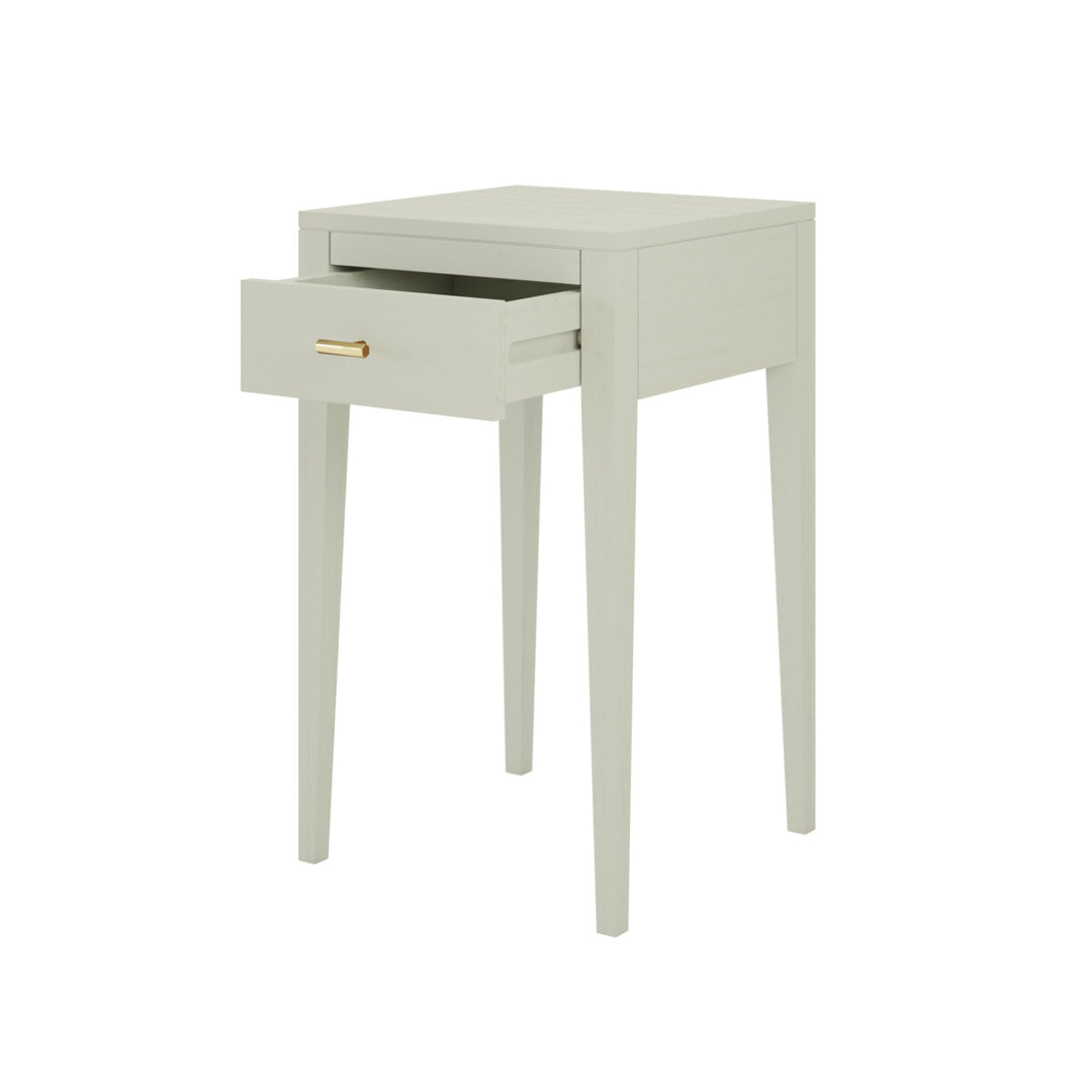 Light gray side table with a drawer on a white background