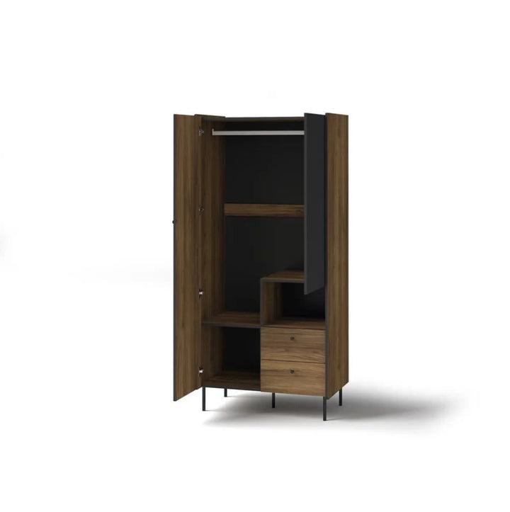 Prestigo Hinged Wardrobe in Oak Walnut & Black Matt - Modern Industrial Style