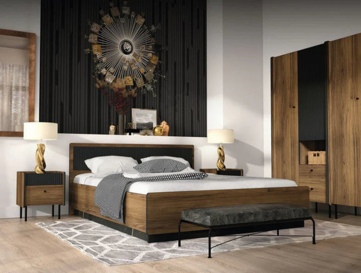 Prestigo Hinged Wardrobe in Oak Walnut & Black Matt - Modern Industrial Style