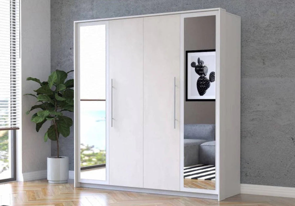 Aurelia Modern Mirrored Hinged Door Wardrobe - Silk Front & White Carcass