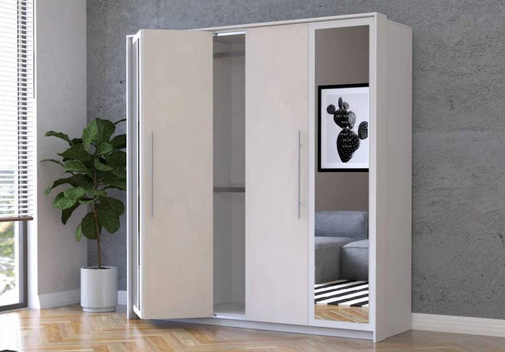 Aurelia Modern Mirrored Hinged Door Wardrobe - Silk Front & White Carcass