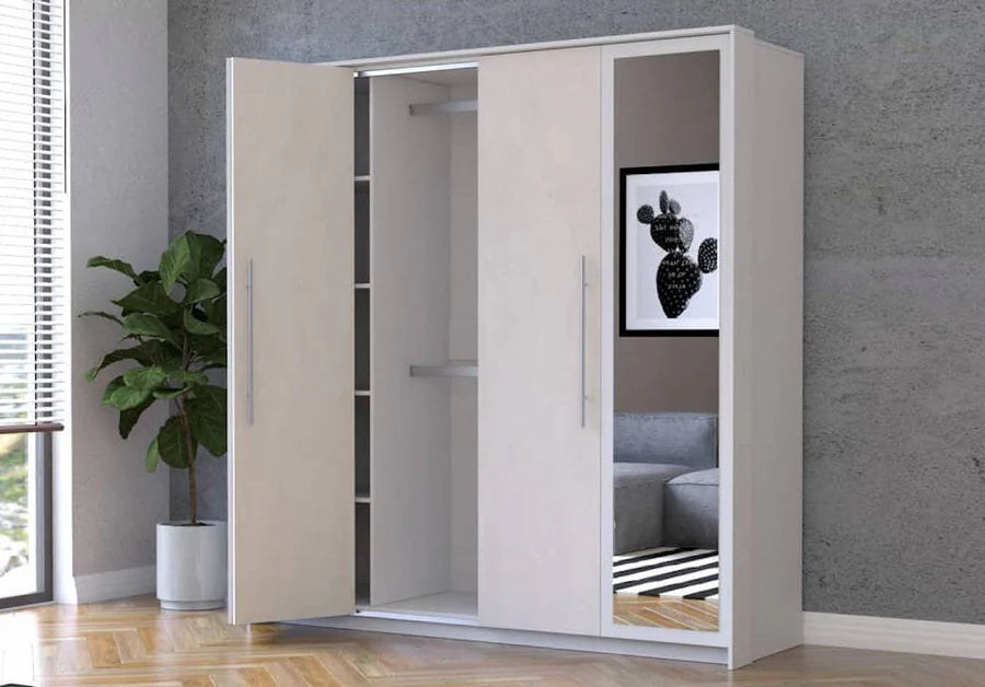 Aurelia Modern Mirrored Hinged Door Wardrobe - Silk Front & White Carcass