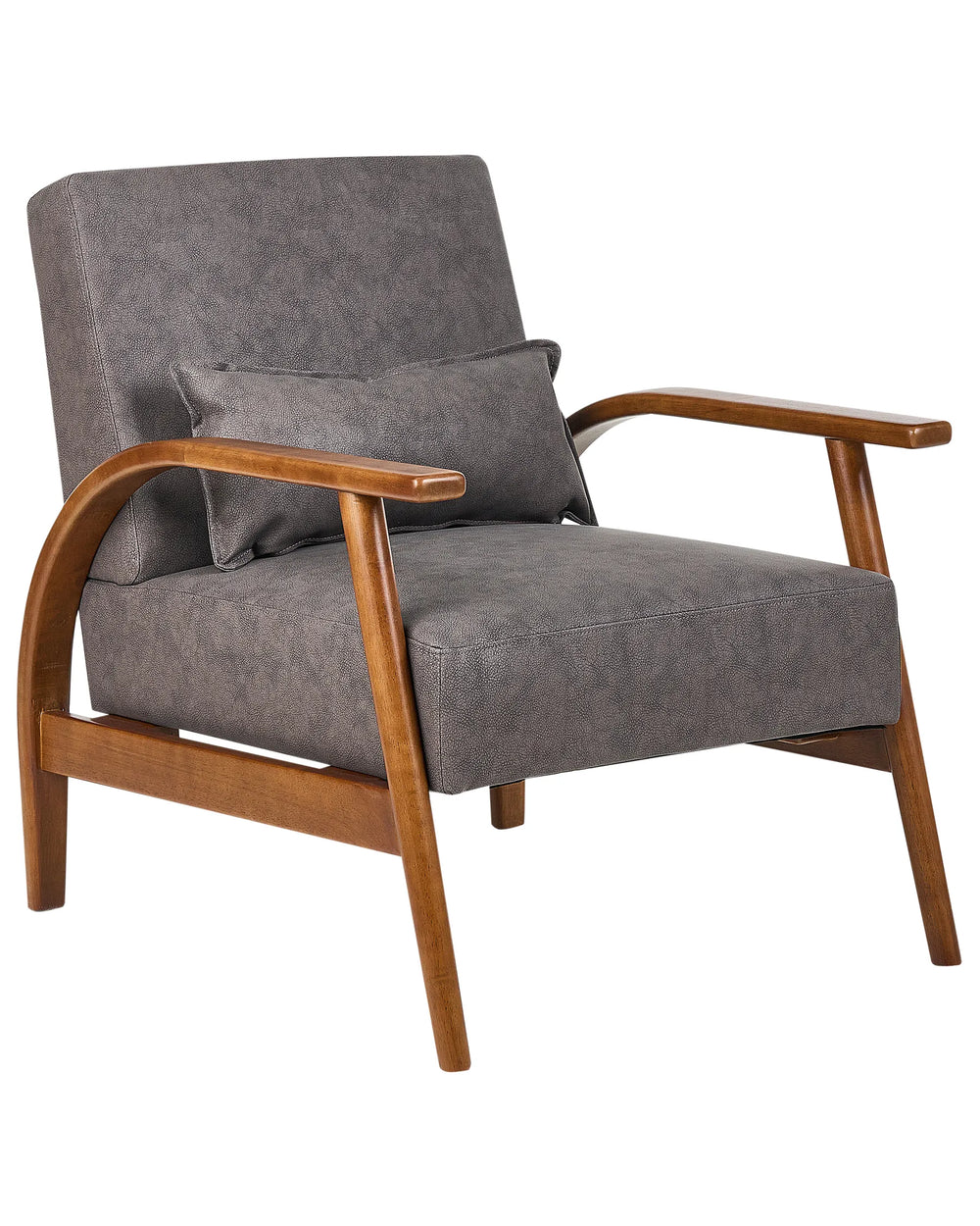 Brown upholstered armchair with wooden arms on a white background