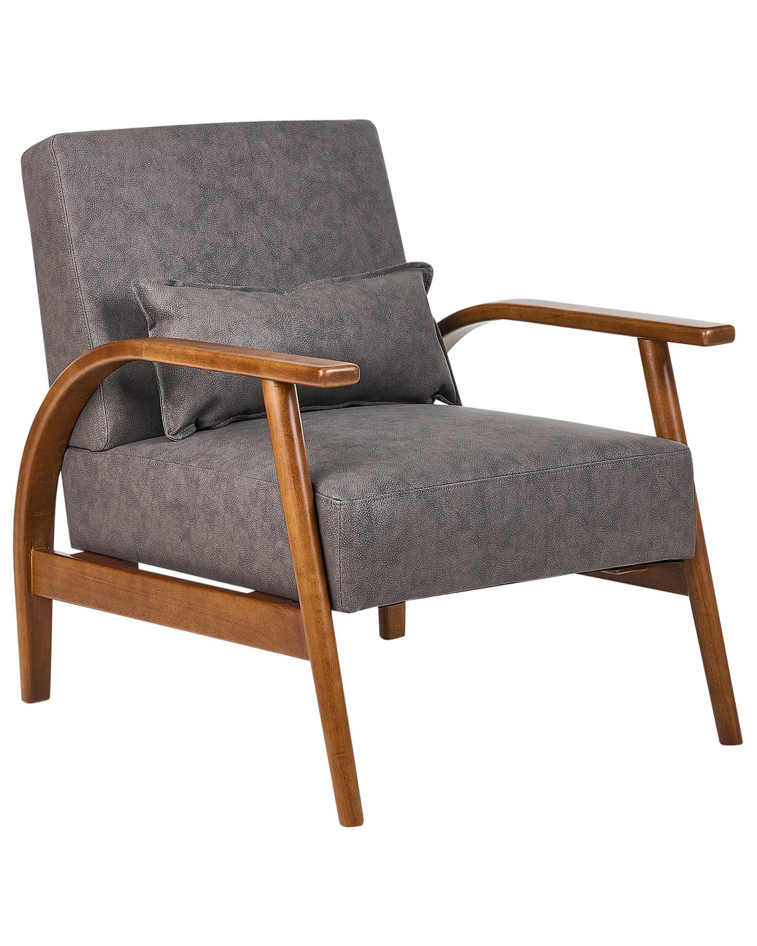 Brown upholstered armchair with wooden arms on a white background
