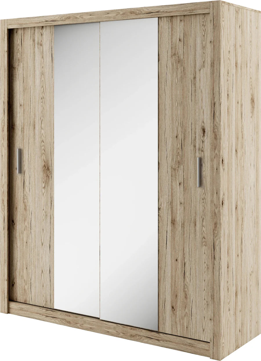 Idea 03 Contemporary Mirrored Sliding 2 Door Wardrobe 5 Shelves 1 Hanging Rail Oak Effect