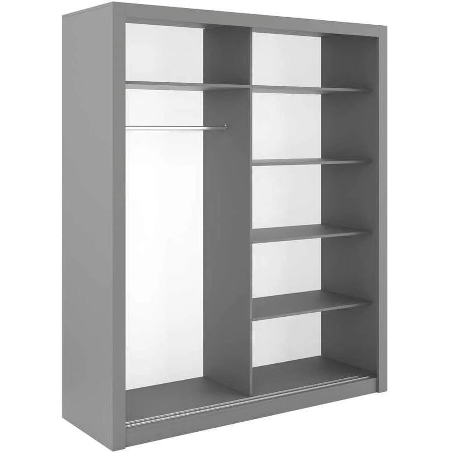 Idea 03 Contemporary Mirrored Sliding 2 Door Wardrobe 5 Shelves 1 Hanging Rail Oak Effect