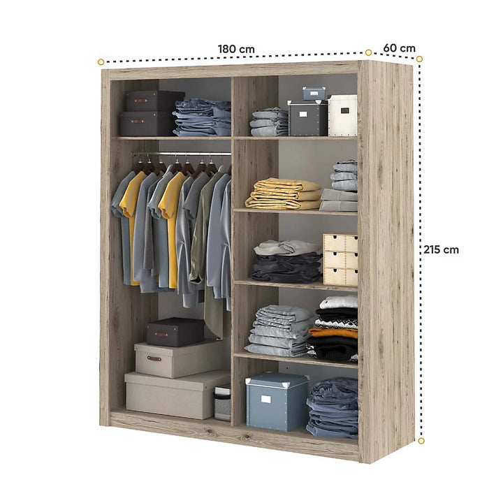 Idea 03 Contemporary Mirrored Sliding 2 Door Wardrobe 5 Shelves 1 Hanging Rail Oak Effect