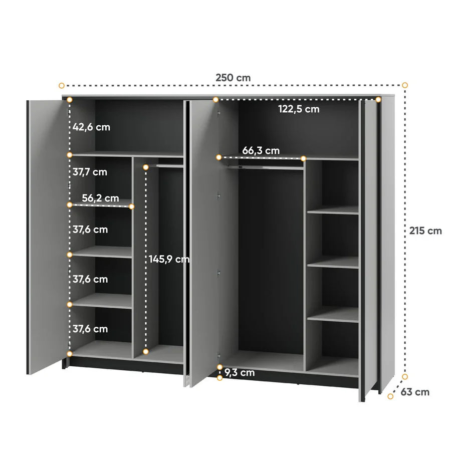 Gris Hinged Door Wardrobe with Mirrors and LED Lighting - Contemporary and Spacious Bedroom Storage