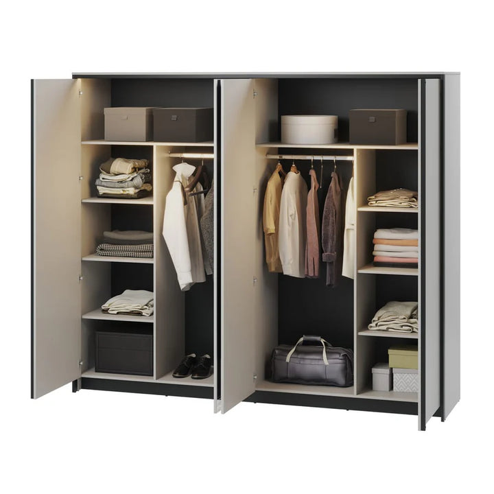 Gris Hinged Door Wardrobe with Mirrors and LED Lighting - Contemporary and Spacious Bedroom Storage