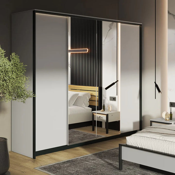 Gris Hinged Door Wardrobe with Mirrors and LED Lighting - Contemporary and Spacious Bedroom Storage